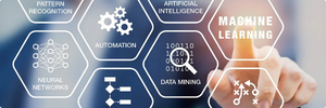 A person touching a screen with icons and the words: machine learning, artificial intelligence, problem solving, data mining, automation, algorithm, pattern recognition, and neural networks.