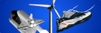 Image of rocket, sneaker, and wind turbine on a blue background